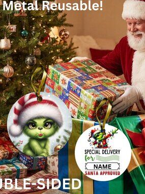 Grinch Santa Reusable Metal Christmas Tag Personalized